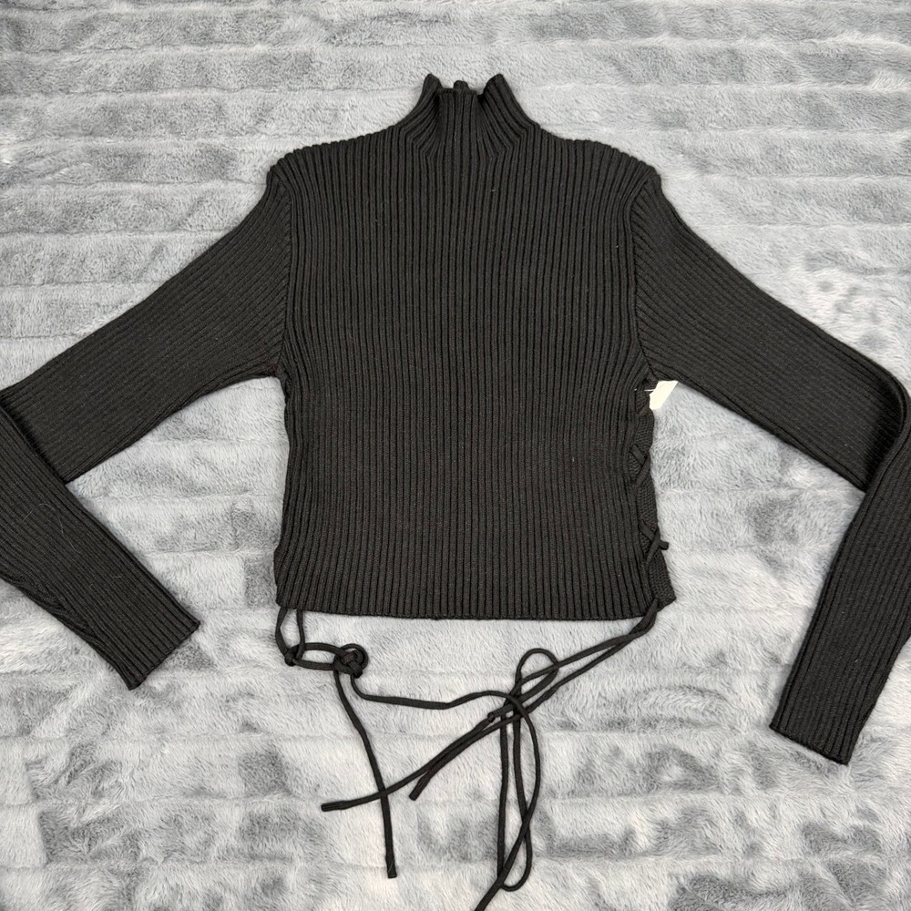 Altar'd State Black Ribbed Mock Neck Lace Up Side Sweater PT17961-AS Size M